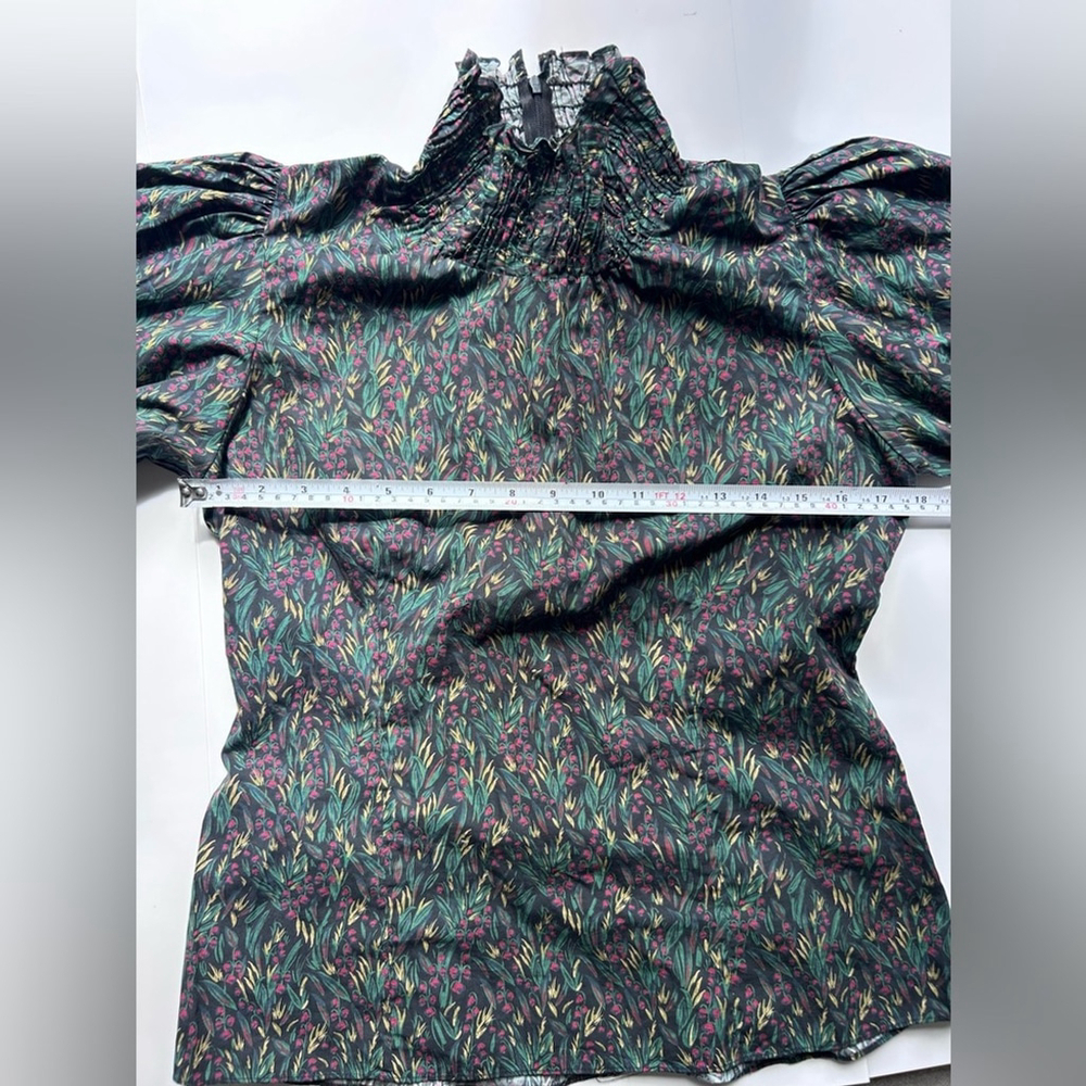 Zara Black Floral Puff-Sleeve High-Neck Blouse - Picture 7 of 10